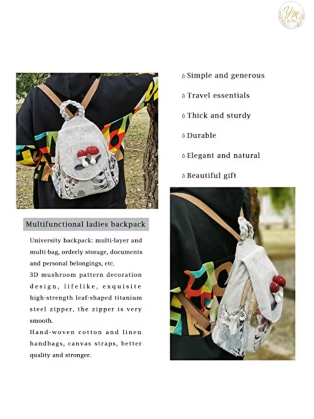 Retro Bohemian Washed Canvas Backpack with 3D Decoration, Multi-functional